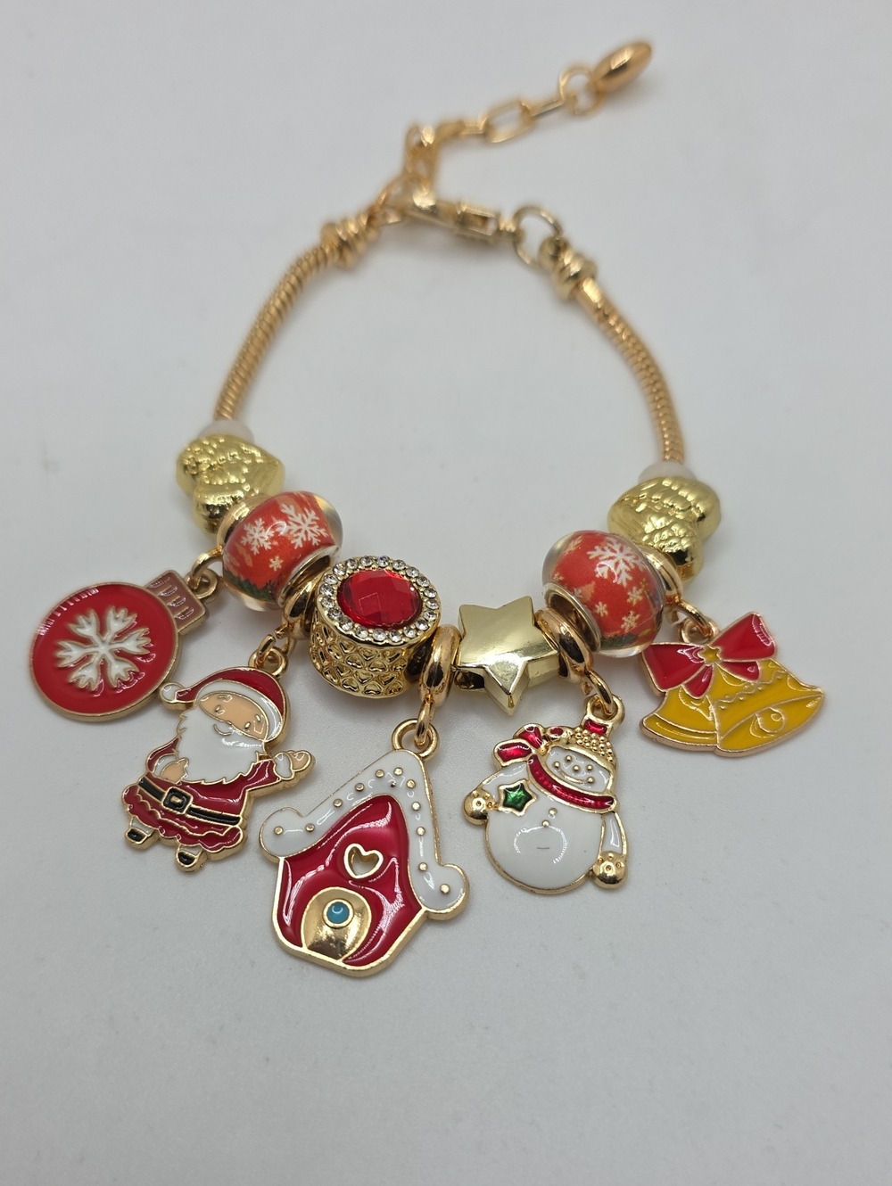 Holiday Christmas Charm Bracelet - Gold Tone with Red and White Charms